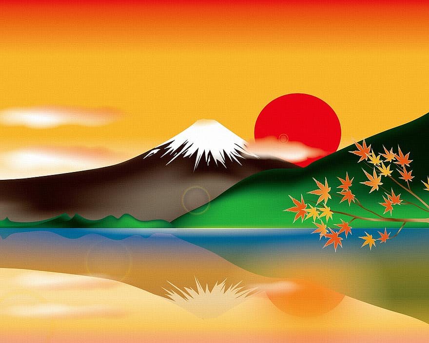 Monte Fuji, Giappone, lago, sole, tramonto, autunno, Asia, paesaggio, punto di riferimento, asiatico, nuvole
