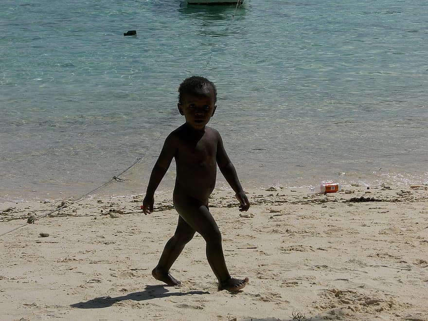 африкански, момче, дете, плаж, Сейшелските острови, природа