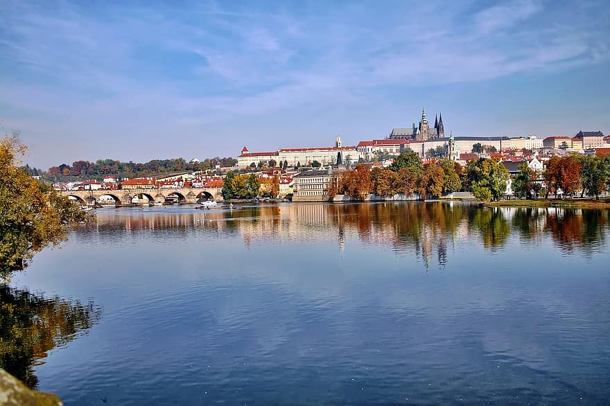 Kastil, jembatan Charles, kota, Praha, Republik Ceko, liburan, air, mengalir, pariwisata, eropa, pusat bersejarah