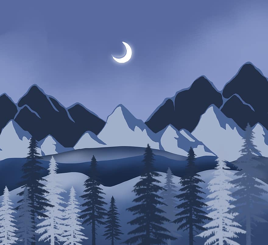 Mountains, Moon, Snow, Winter, Cold, Trees, Forest, Conifers, Coniferous, Conifer Forest, Mountain Range
