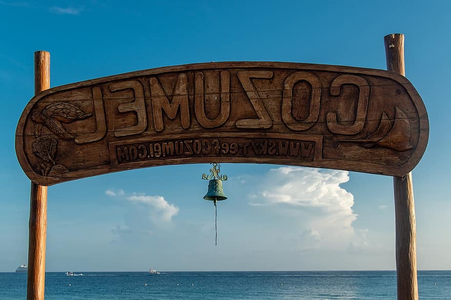 cozumel, σημάδι, θάλασσα, ξύλινο σημάδι, κουδούνι, ορίζοντας, ουρανός, νησί, Καραϊβικής, ξύλο, μπλε
