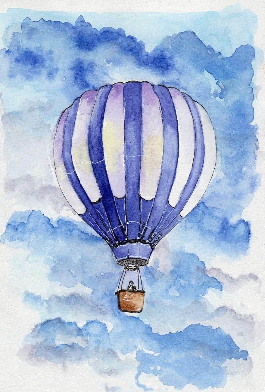балон с горещ въздух, акварел, самолет, облаци, живопис, летене, илюстрация, транспорт, облак, небе, син