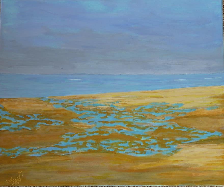 Strand, hav, sand, vann, maleri, bilde, Kunst, maling, farge, kunstnerisk, bilde maleri