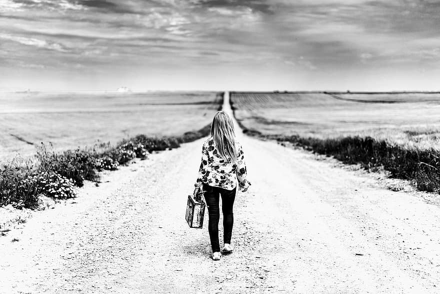 Girl, Journey, Road, Field, Rural, Woman, Adventure, Briefcase, Path, Meadow, Countryside