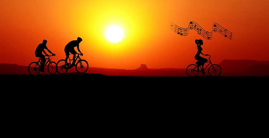 พระอาทิตย์ตกดิน, จักรยาน, หญิง, ผู้ชาย, นักขี่รถจักรยาน, ฤดูร้อน, งานอดิเรก, คน, คล่องแคล่ว