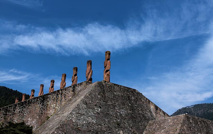 Церемониален център Отоми, скулптури, паметник, камък, храм, Otomí, temoaya, местен, култура, исторически, Мексико