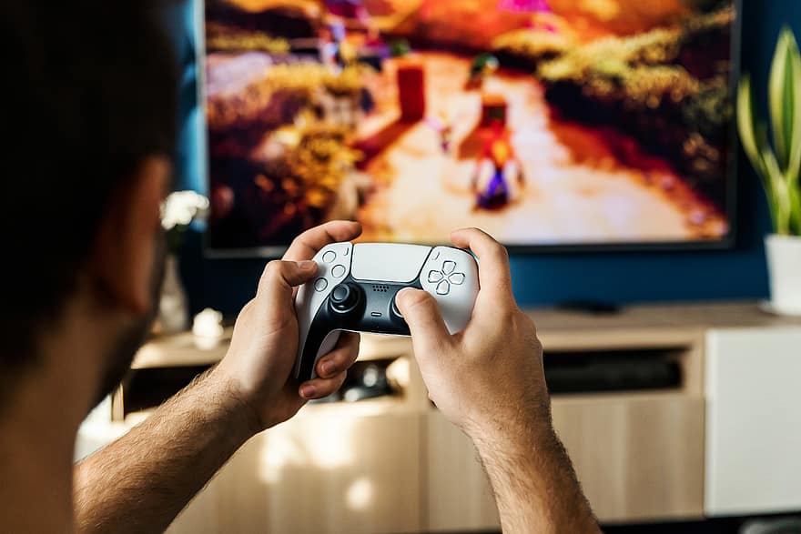 Guy, playing, games, TV, holding, modern, joystick., Fun, home, console, control