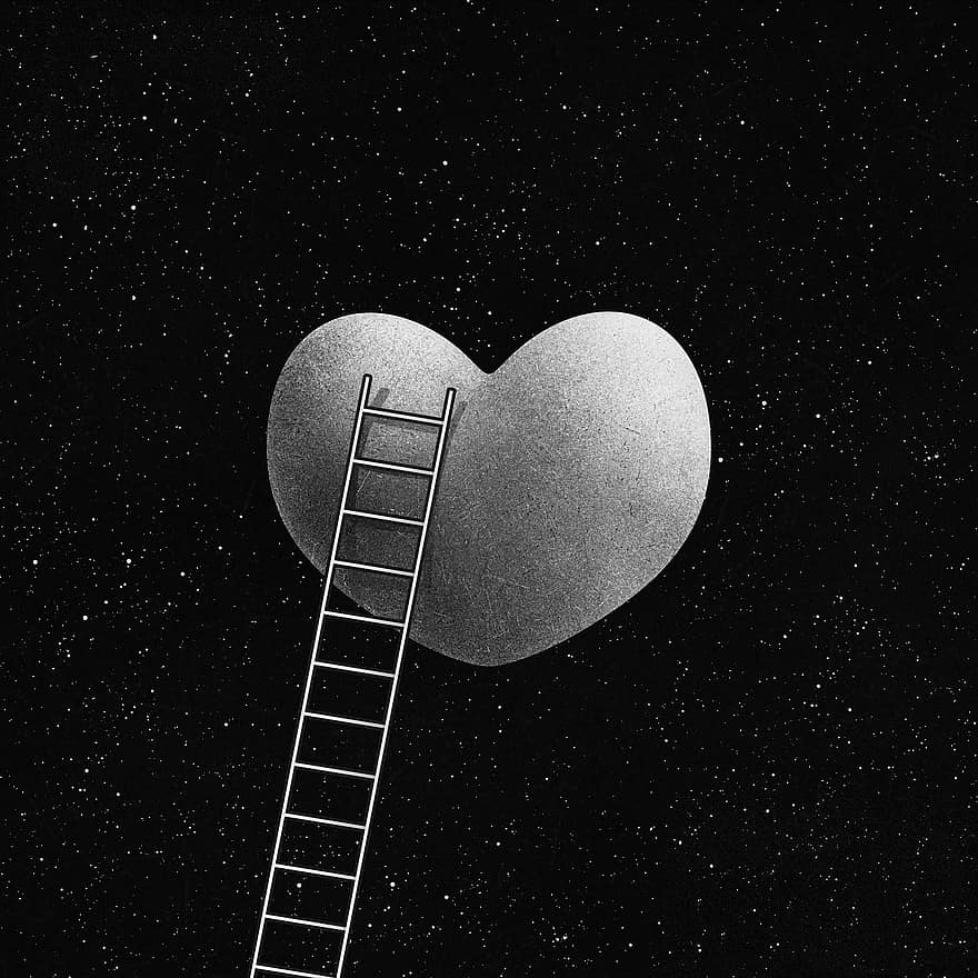 Caricature, Painting, Fantasy, Creativity, Black And White, Illustrator, Ladder, Planet, Heart, Love