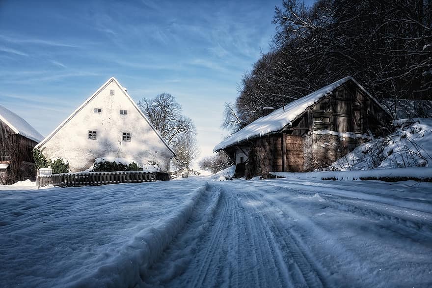 hus, gård, lade, sne, frost, vinter, kold, spor, spor i sneen, landdistrikterne
