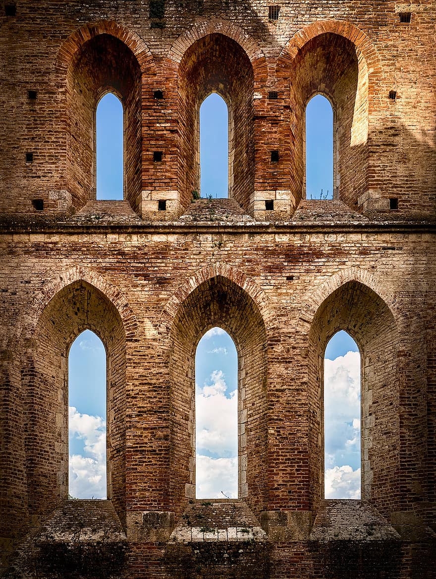 разруха, стара църква, прозорец, арки, небе, Тоскана, настроение, топла светлина, стар