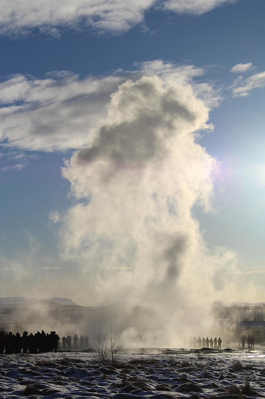 Исландия, гейзер, пара, вулканичен, пейзаж, изригване, горещ, синьо небе, бял облак