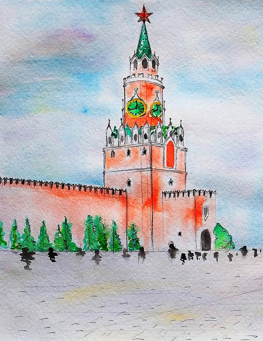 Кремль, Москва, Спасская башня, Россия, город, туризм, архитектура, путешествовать, исторический, достопримечательность, ориентир