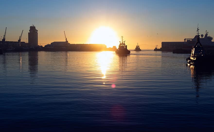 Vessel, Port, Ocean, Sea, Transport, Evening, Sunrise, Dusk, Coastline, Harbor, Commercial Dock