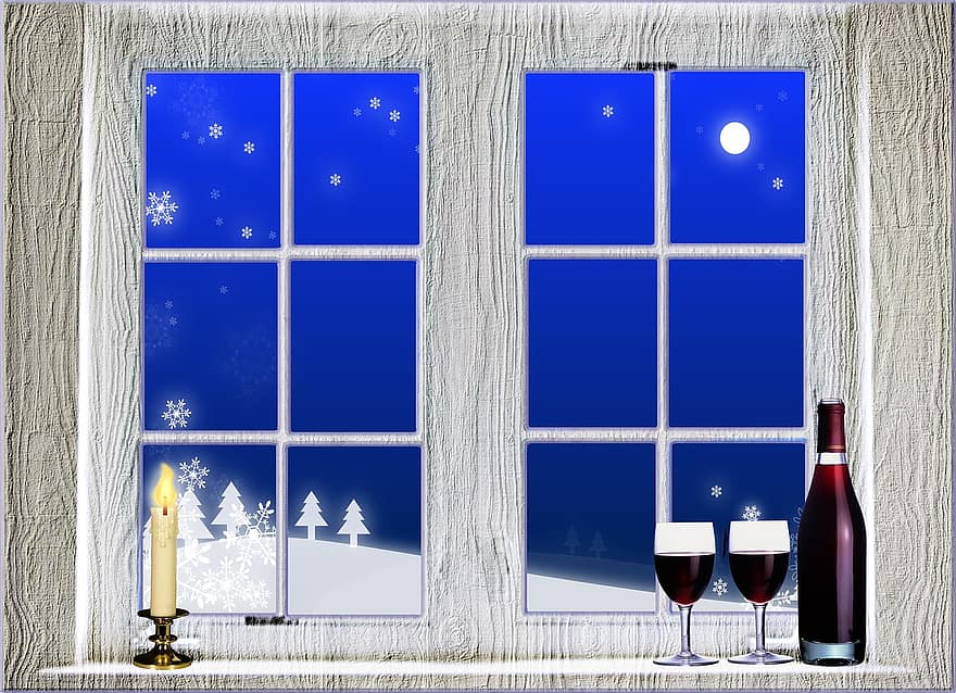 ventana de invierno, nieve, casa antigua, Luna, noche, frío, Navidad, árbol, abeto, arquitectura, paisaje