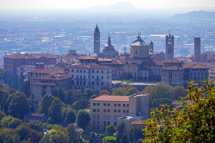 épületek, tetők, városi, város, Bergamo, Lombardia, Alpok, bergamói tartomány, városkép, építészet, híres hely
