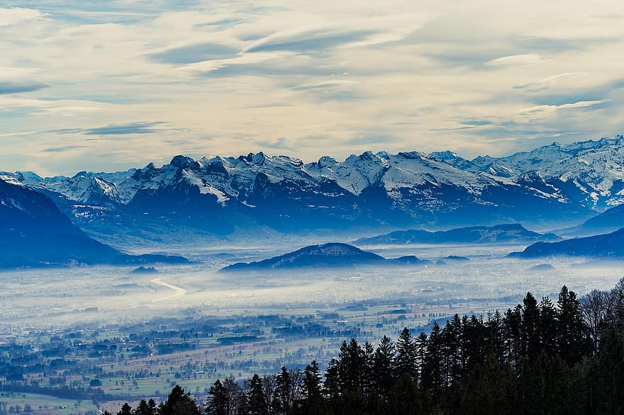 Berge, Nebel, Schnee, Natur, Winter, kalt, Gebirge, Alpen, Landschaft, Rhein, Dreiländereck