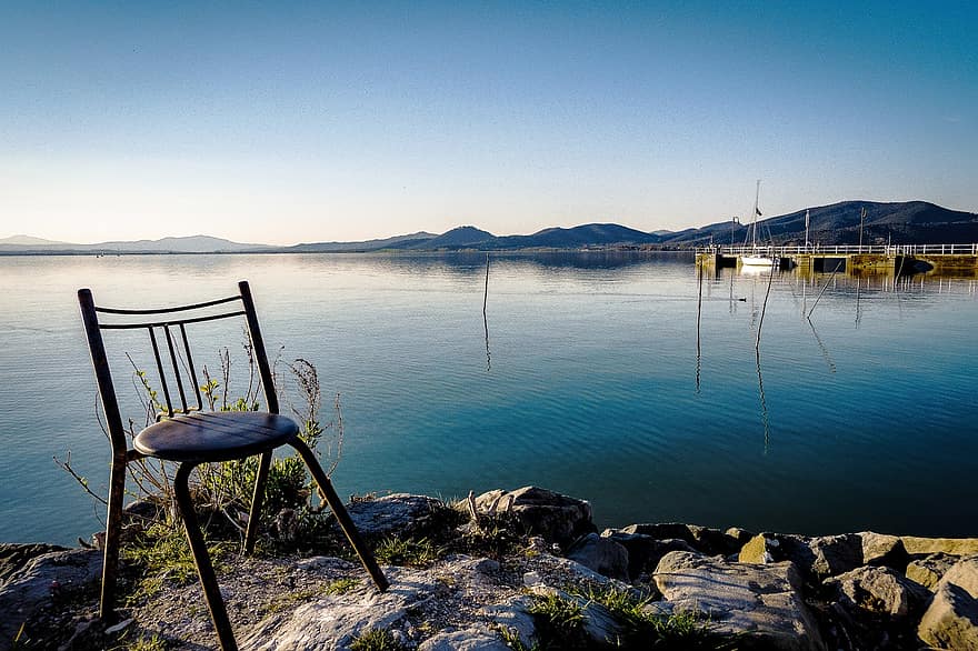 의자, 호수, 자연, 좌석, 요가, 고요한, 휴식, 심사 숙고, 경치, 조용한