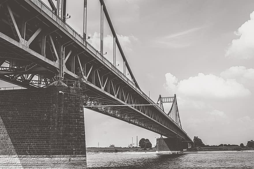 Krefeld-uerdinger Rýnský most, most, rhine, architektura, Falešný visutý most, řeka, voda, Černý a bílý, krajina, slavné místo, přeprava