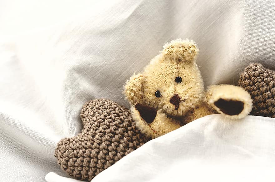 Teddybjørn, kosedyr, leketøy, seng, Strikkede hjerter, teppe, jeg vil, sove, gjenoppretting