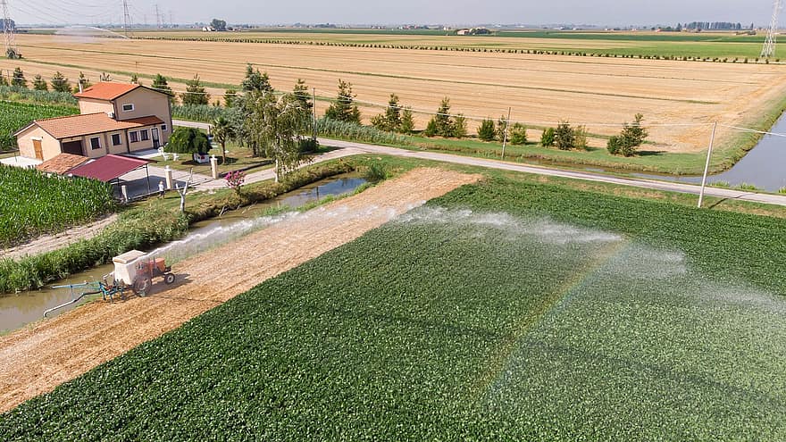 Countryside, Fields, Irrigation, Veneto, Italy, Village, Crops, Rainbow, Farmhouse, Country House, Green Fields
