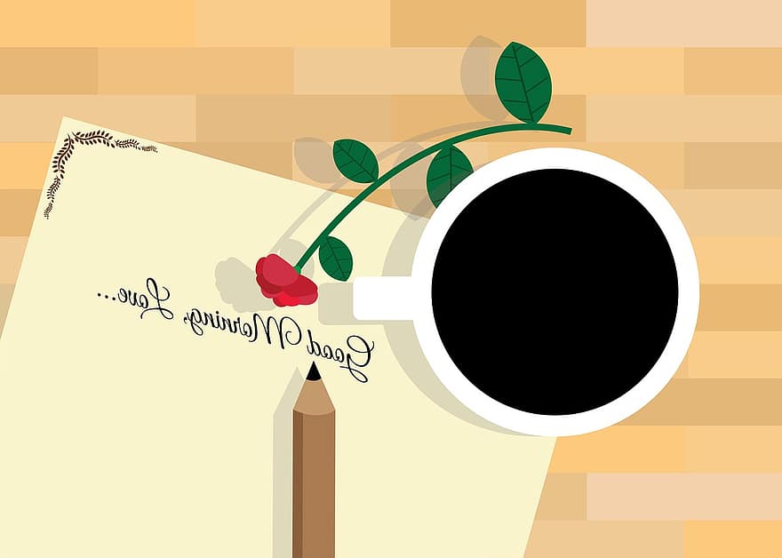 kaffe, kop, blyant, Rose, invitation, flad, design