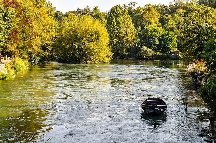 Boot, Fluss, Bäume, Wald, Wasser, Natur, Italien, Herbst