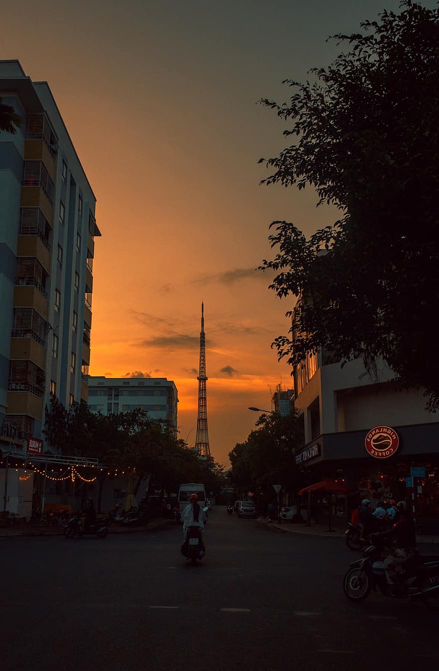 Turm, Stadt, Sonnenuntergang, Vietnam, Nha Trang, Dämmerung, Reise, Nacht-, Silhouette, die Architektur, hinterleuchtet