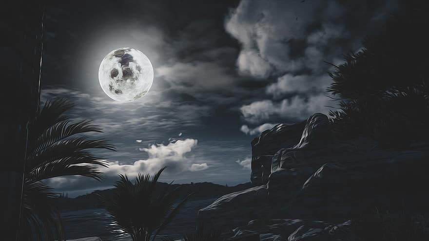 lluna, nit, cel, fons de pantalla, fantasia, naturalesa, cel nocturn, lluna plena, llum de la lluna, paisatge, arbre