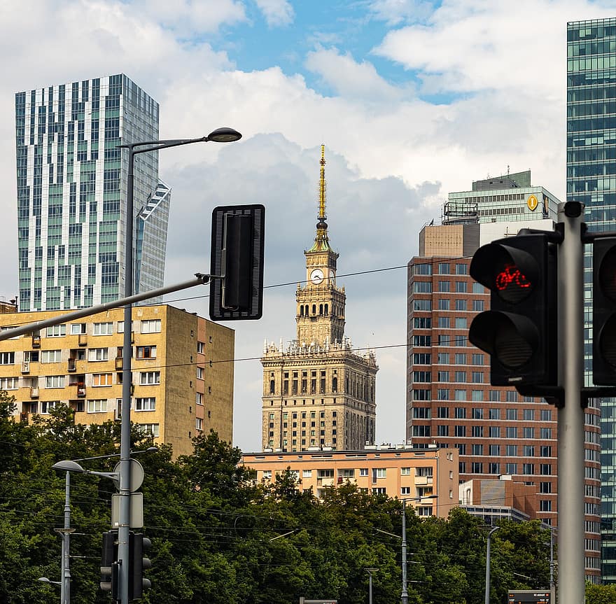 Varsóvia, cidade, luzes de trânsito, luz de parada, rua, Polônia, Europa, capital, urbano, prédios, torre