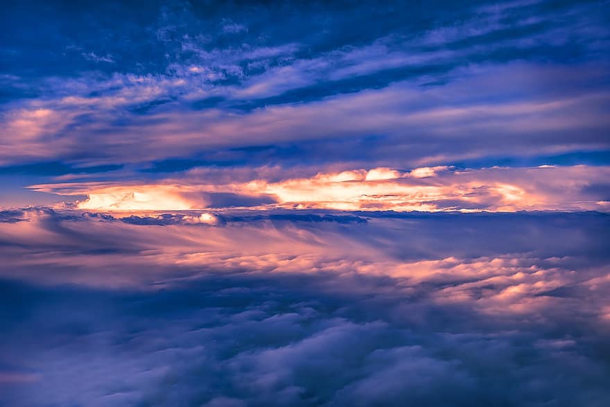 mraky, nebe, vzduch, letecký, vzdušný prostor, nadmořská výška, pohled na letadlo, Příroda, scéna s oblaky, mrak, západ slunce