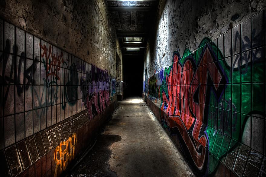 Industry, Factory, Timeless, Graffiti, architecture, wall, building feature, indoors, dark, underground, dirty