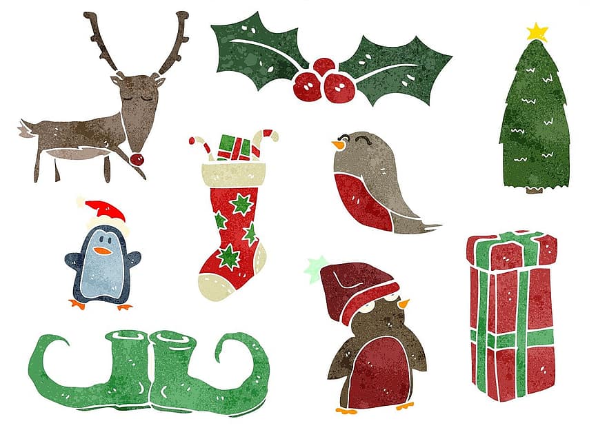 jul, julemærkater, lykønskningskort, illustration, vinter, gave, dekoration, fest, sæson, sne, humor