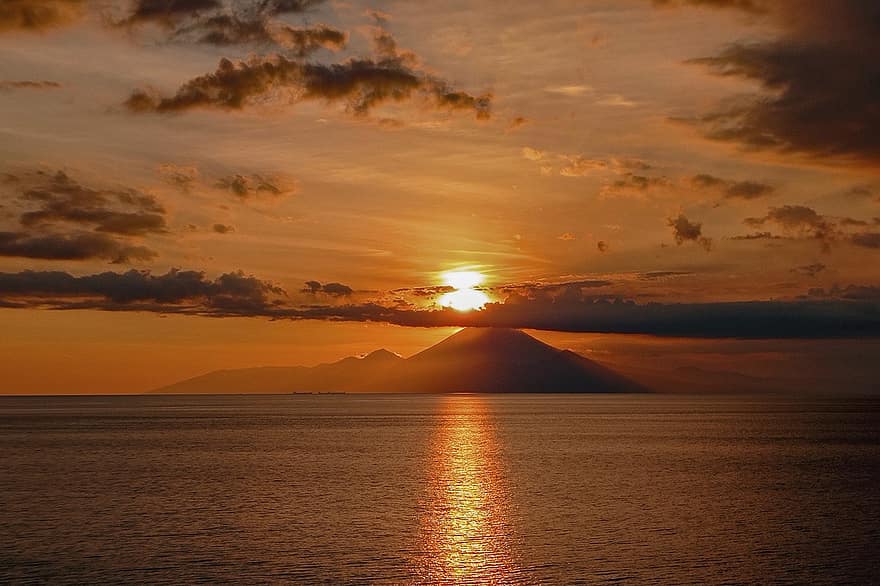 saulėlydis, jūros, papludimys, kalnas, saloje, Bali, Indonezija, kraštovaizdį, natūralus, susiliejimas, saulėtekis