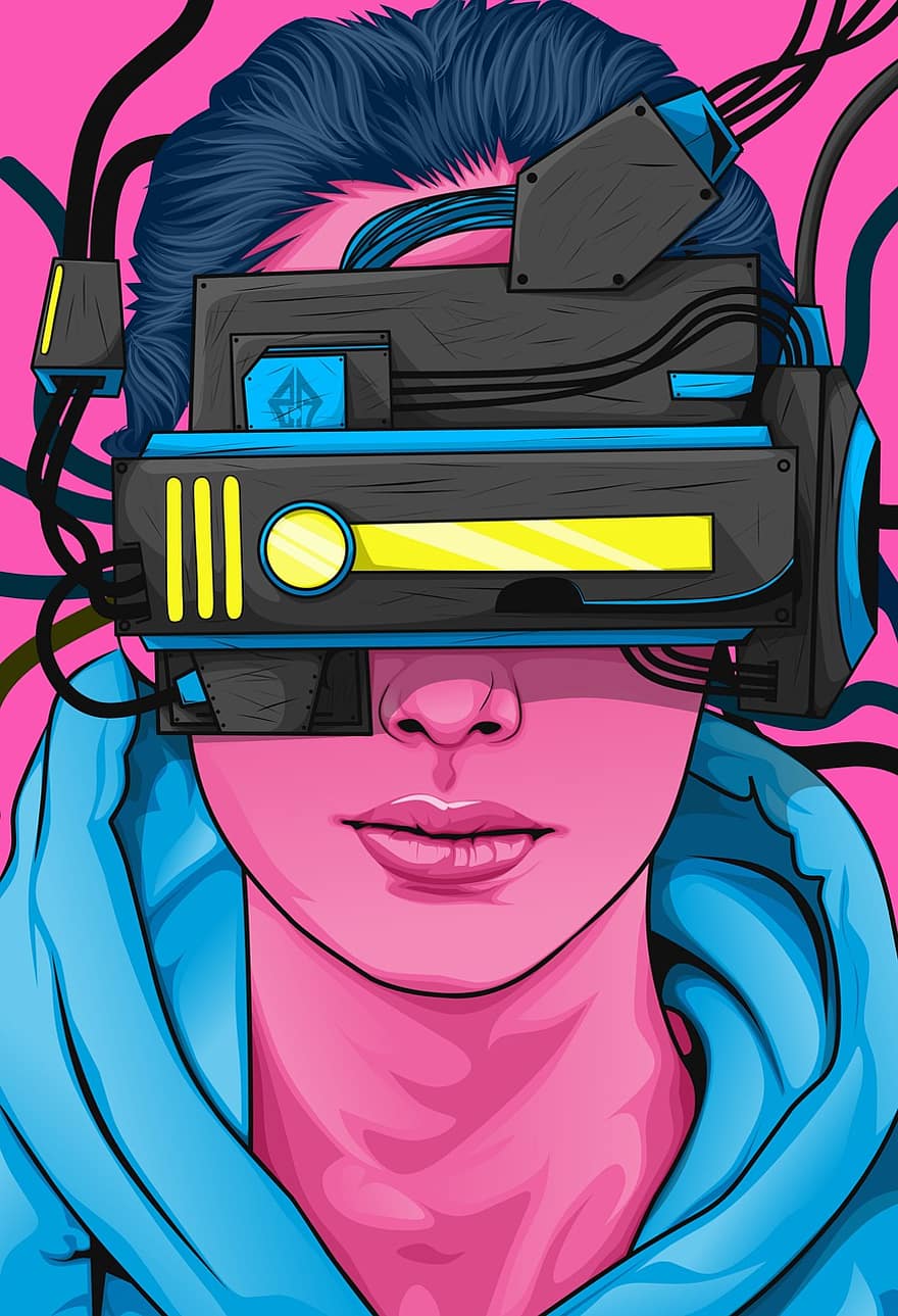 vr boxen, steampunk, kvinna, flicka, cyborg, modern, virtuell verklighet, maskin, sci-fi, konst, rosa