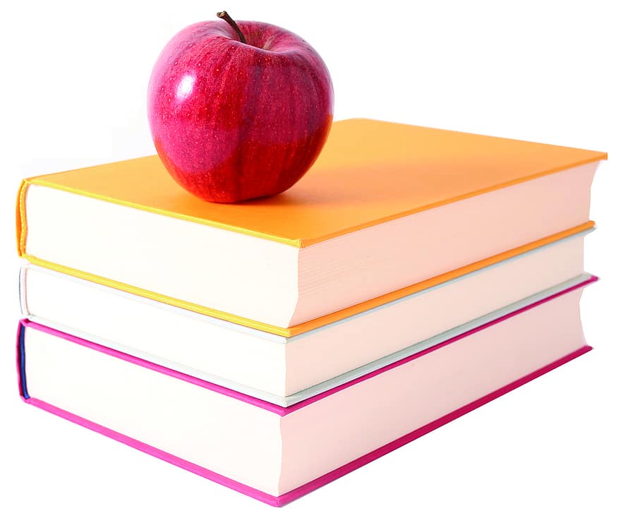 jabłko, książka, czytanie, literatura, trening, Edukacja, uczenie się, stos, odosobniony, owoc, książka w twardej okładce