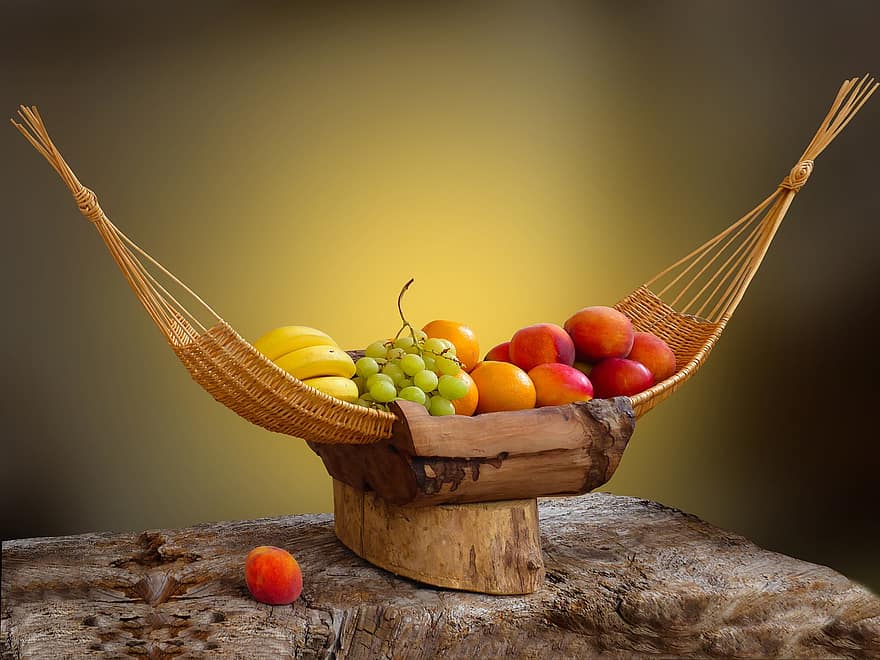 gyümölcsök, friss, kosár, friss gyümölcsök, őszibarack, narancs, szőlő, banán, gyümölcskosár, gyárt, aratás