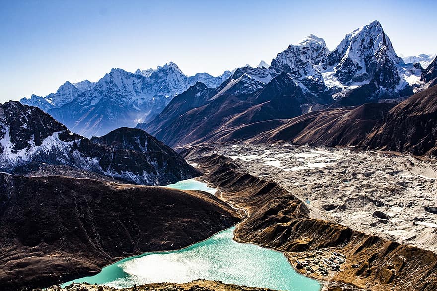 Monte Everest, montanhas, rio, vale, panorama, natureza, cenário, cênico, cadeia de montanhas