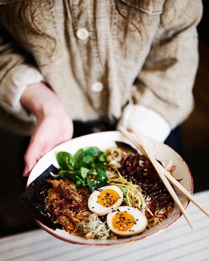 Ramen, Sup, makanan, Asia, Semacam spageti, sumpit, Jepang, makan siang, memasak, dapur, telur