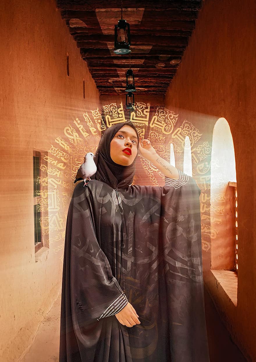 fată, Abaya, pasăre, femeie, Femeie, model, Modă, Muslim, arabic, portret, Bushra