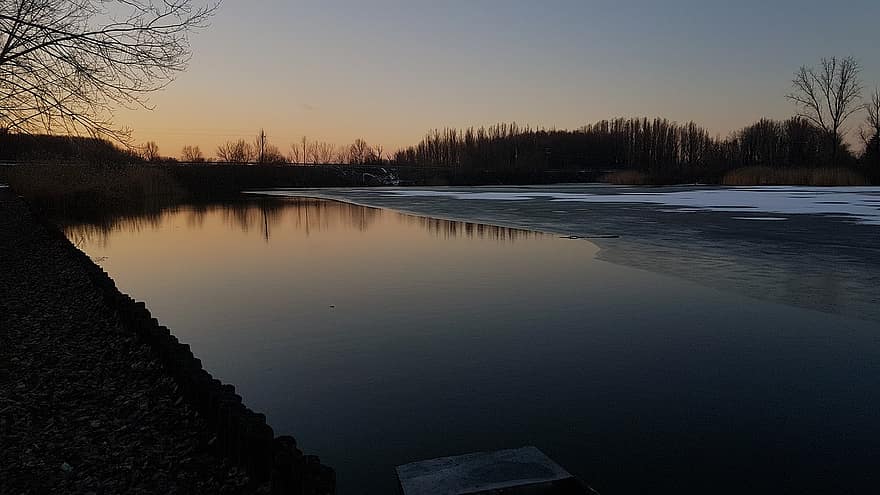 llac, hivern, posta de sol, aigua, reflexió, naturalesa, arbres, congelat, vespre, silueta, paisatge