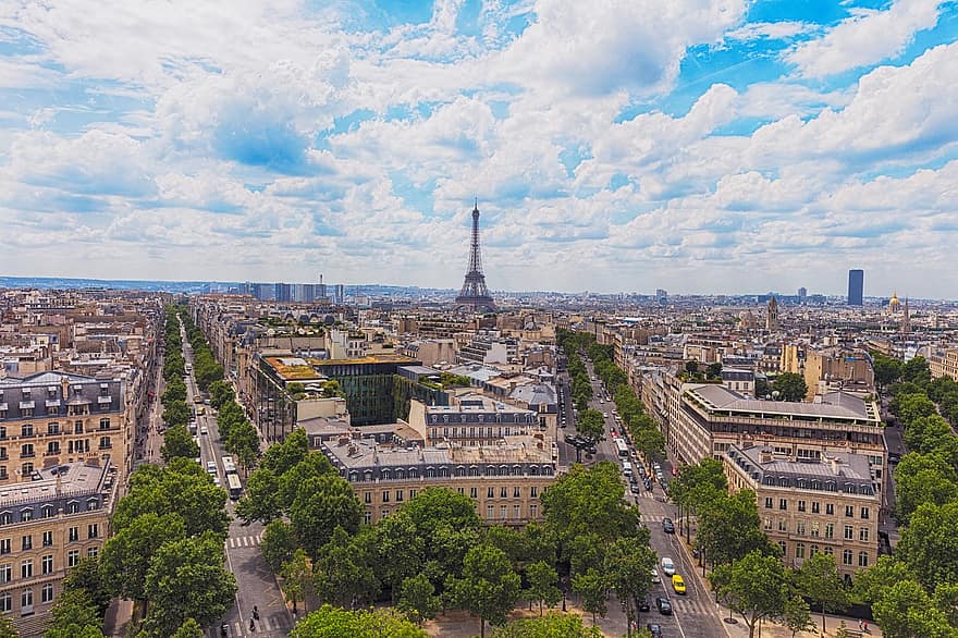 paris, ciutat, panorama, Torre Eiffel, edificis, horitzó, cel, núvols, centre de la ciutat, urbà, paisatge