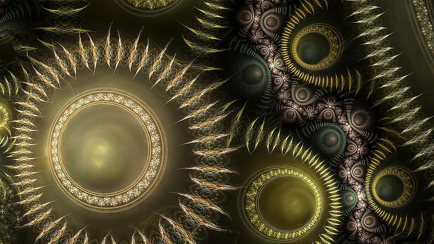 fractal, Steampunk, engranajes, fantasía, oro, arte fractal