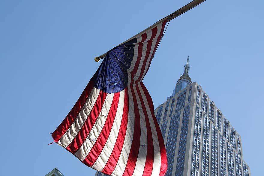 엠파이어 스테이트 빌딩, 깃발, 미국, 뉴욕시, 맨해튼, 시티, 도시의, 하늘, 마천루, 미국 국기, 애국심