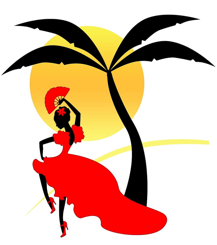 flamenko, Spānija, siluets, sieviete, dejotājs, saule, palmu, karikatūra, jaunieši, vasarā