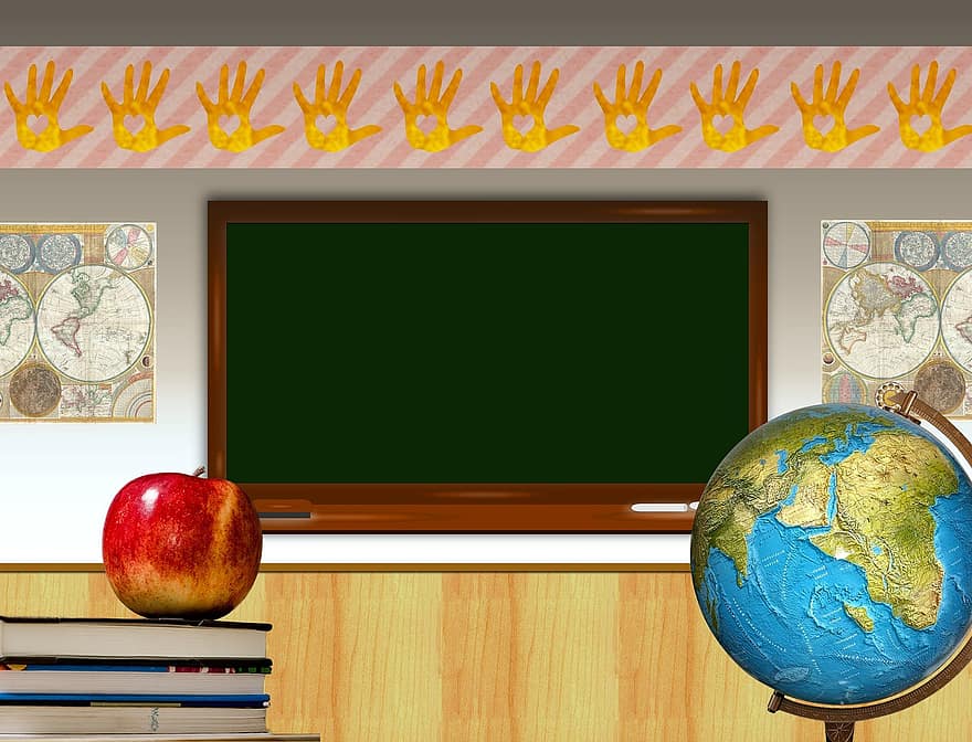 школу, глобус, світ, карта, яблуко, книги, освіта, навчання, крейдяна дошка, дошці, крейда