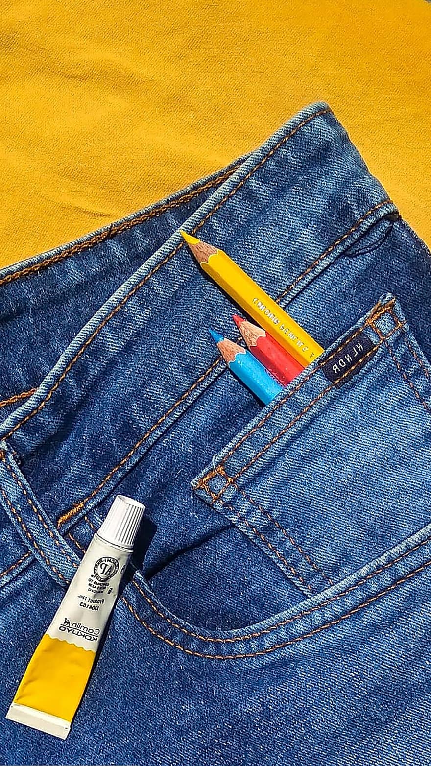 जीन्स, रंगीन पेंसिल, रंग, पेंट ट्यूब, डेनिम, फैशन, अंदाज, रंगीन