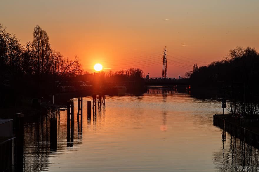 solnedgang, Rhin-Herne-kanalen, vandveje, Forsendelsesrute, ruhr område, kanal, Tyskland, skumring, vand, solopgang, daggry