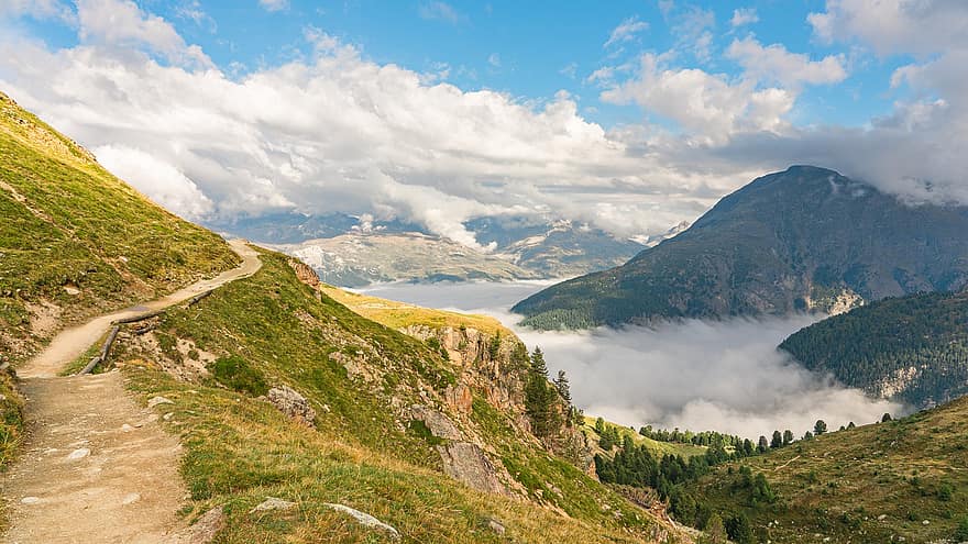 Berge, Weg, Wolken, alpin, Morgennebel, Himmel, Wandern, Alpenpanorama, Natur, Landschaft, Berglandschaft