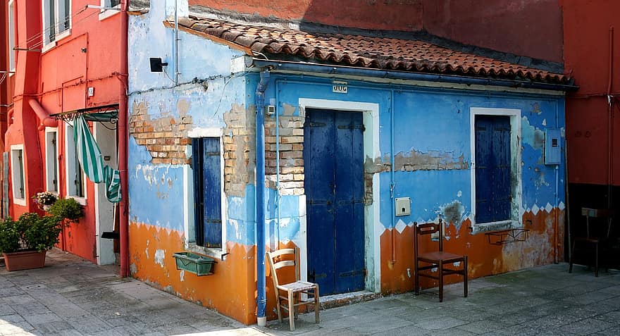 ev, küçük, minik, mavi, renkli, burano, İtalya, sandalye, çatı, eski, pembe