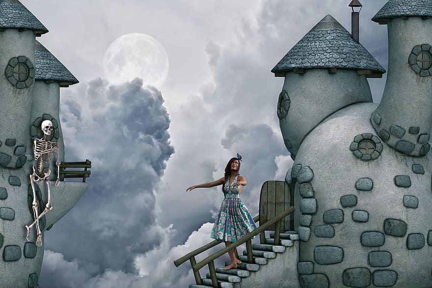 pige, måne, slot, skelet, skyer, trappe, fantasi, imaginært, mystiker, atmosfære, eventyr